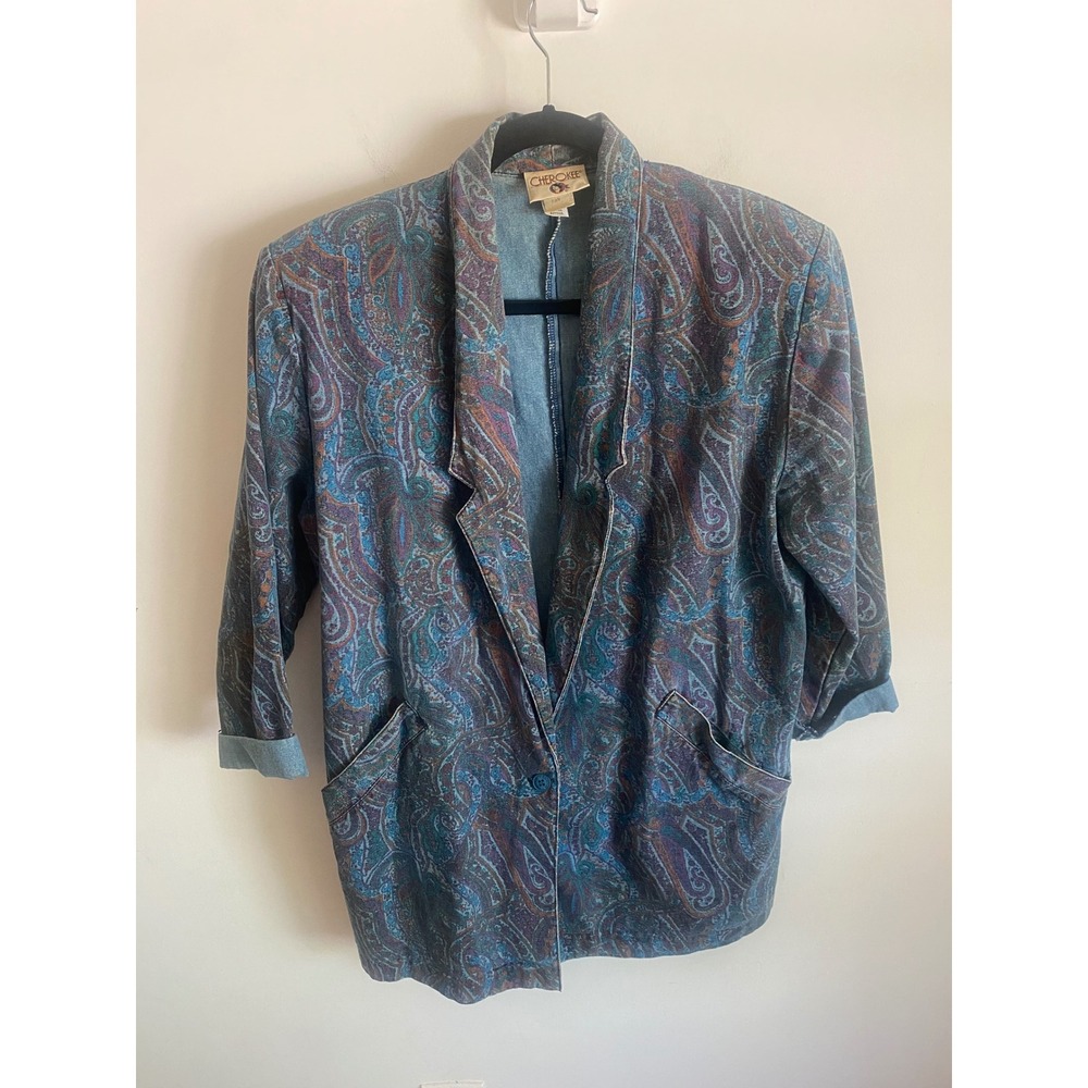 Cherokee‎ Vintage 80s Paisley Denim Blazer Jacket Blue Cotton Made in USA Medium
